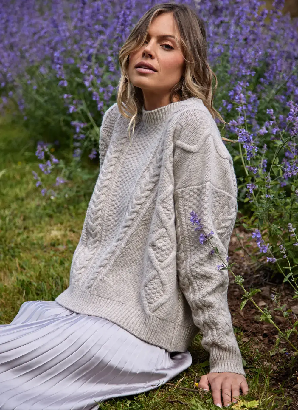 Fisherman Lambswool Aran Sweater in Stone